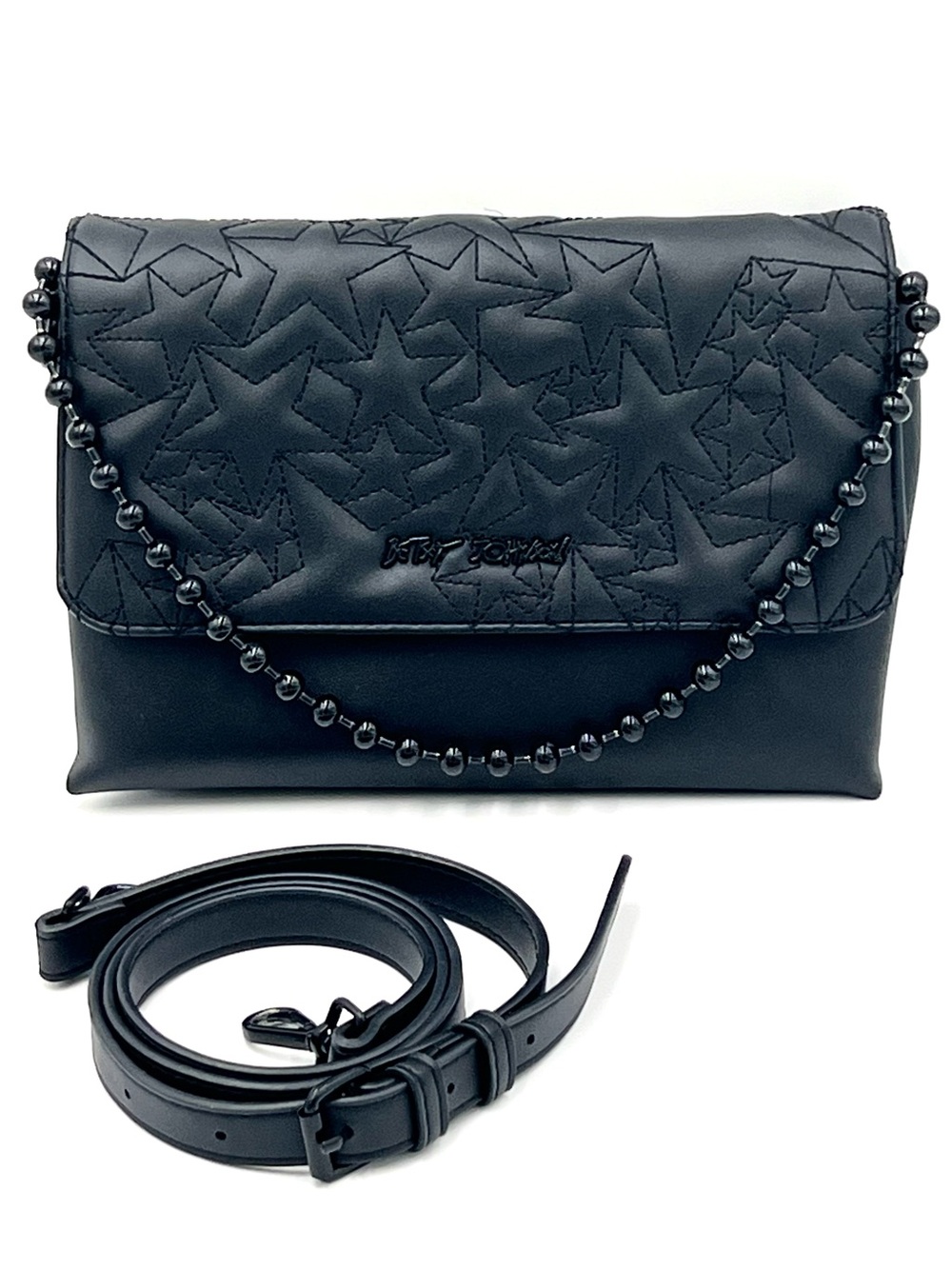 Betsey Johnson XOLucia Star Quilted Black Crossbody Bag Handbag Purse Bead Strap